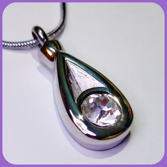Stainless & Crystal Teardrop Cremation Urn Pendant for Ashes w/Chain - Memorial - Picture 1 of 11
